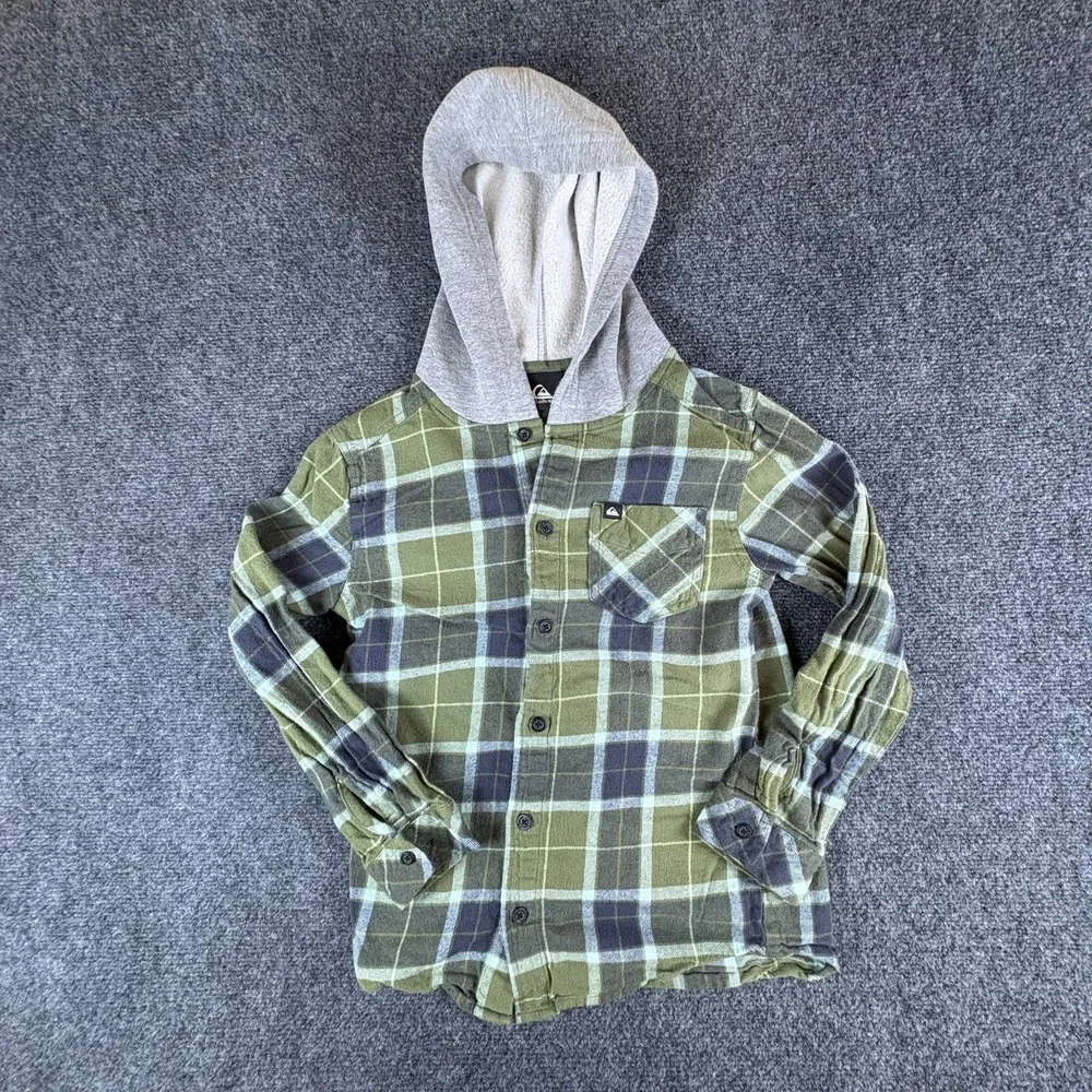 Quiksilver Shacket Boys Medium 10/12 Green Plaid Flannel Cotton Hooded Button Up